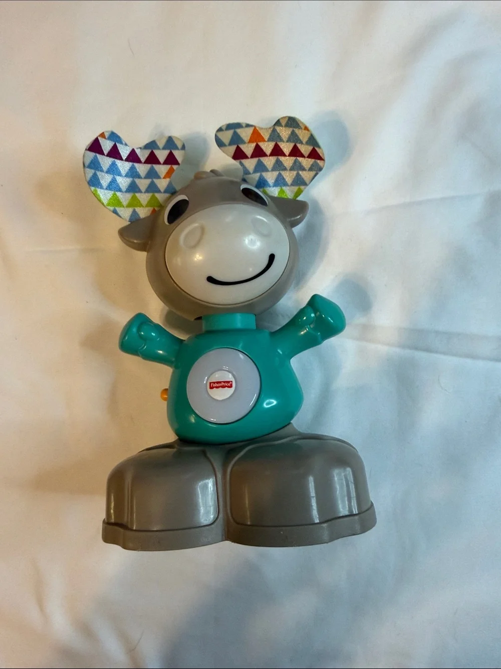 Fisher-Price Teal and Gray Moose Plush-Head Rattle Toy with Patterned Antlers